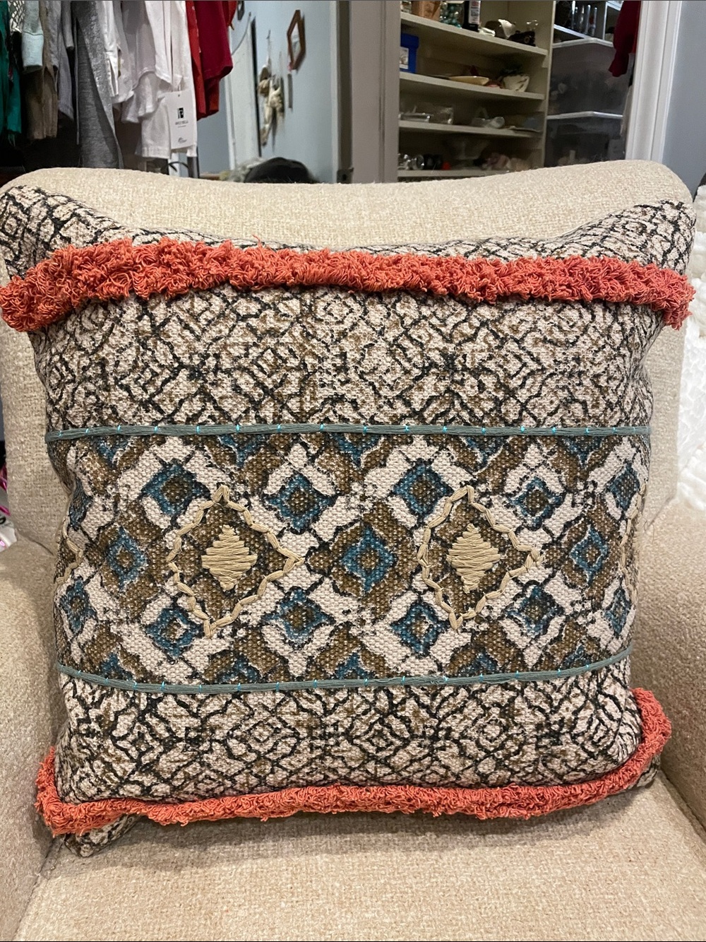 Decorative Geometric Embroidered Throw Pillow in Beige, Teal & Coral
